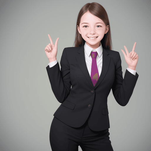 AI generated: a young girl in a business suit with a very happy expression