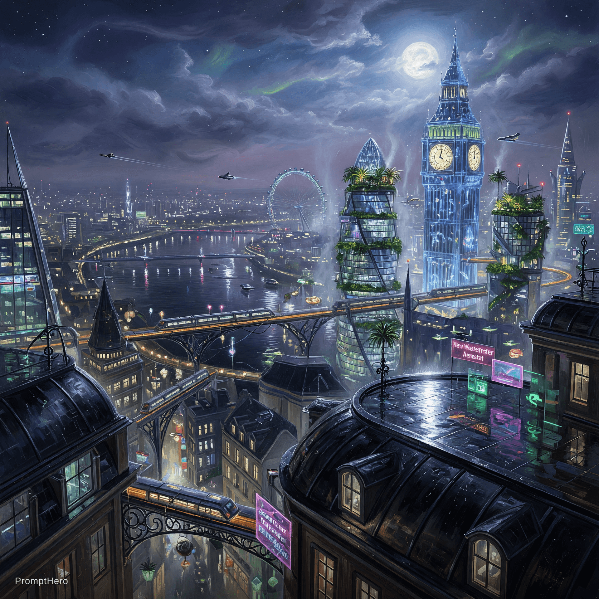 AI generated:  Incredible ultra detailed cityscape of future at moonlit night, in the style of classic oil paintin...