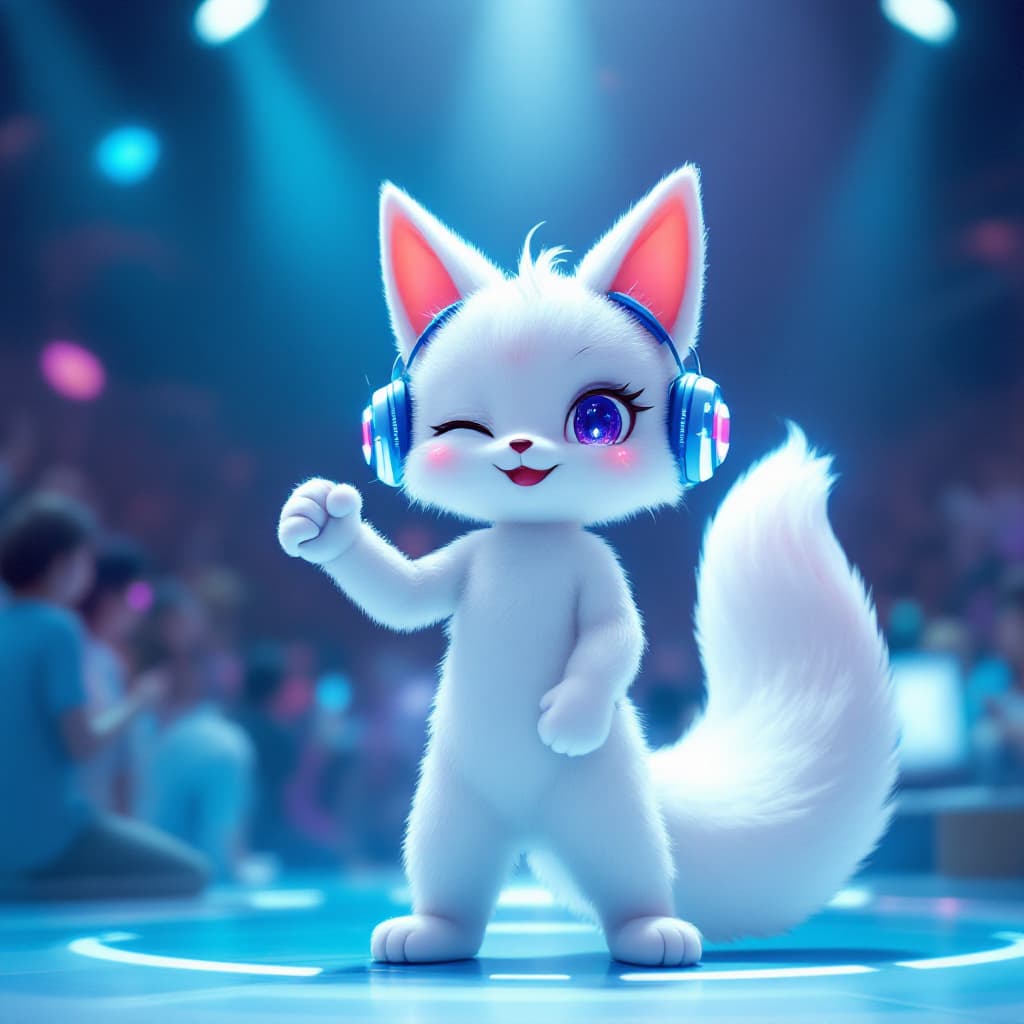 AI generated: No People in the background, white fox, thick tail, cat ears, 20s, DJing, machines are friends, wear...
