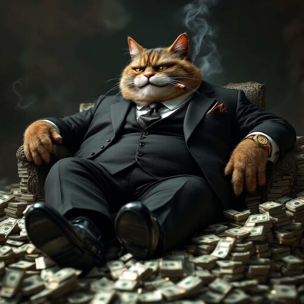 AI generated: A grotesquely fat humanoid cat in a sharp three-piece suit and tie lounges smugly on a mountain of s...