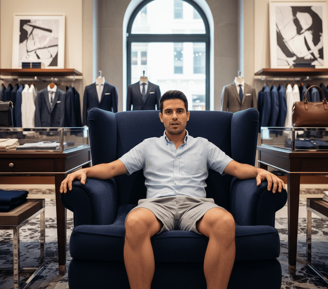 AI generated: At a very luxurious men's clothing store. The Hispanic male is slender, he is 5 feet tall, he is wea...