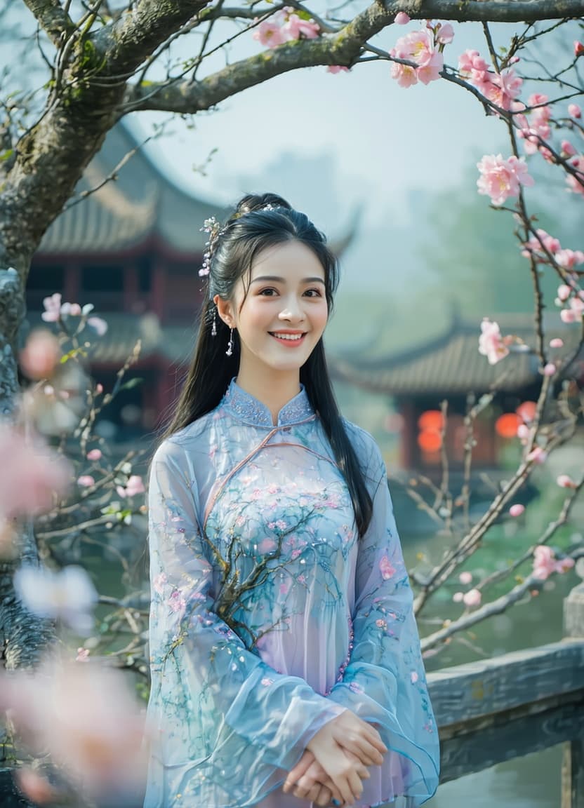 AI generated: chinese blue pink blouse, in the style of dreamy and romantic compositions, floral explosions,in a c...