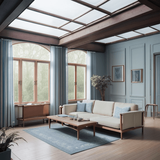 AI generated: A handsome boy, dreamy sunken living room conversation pit, wooden floor, small windows opening onto...