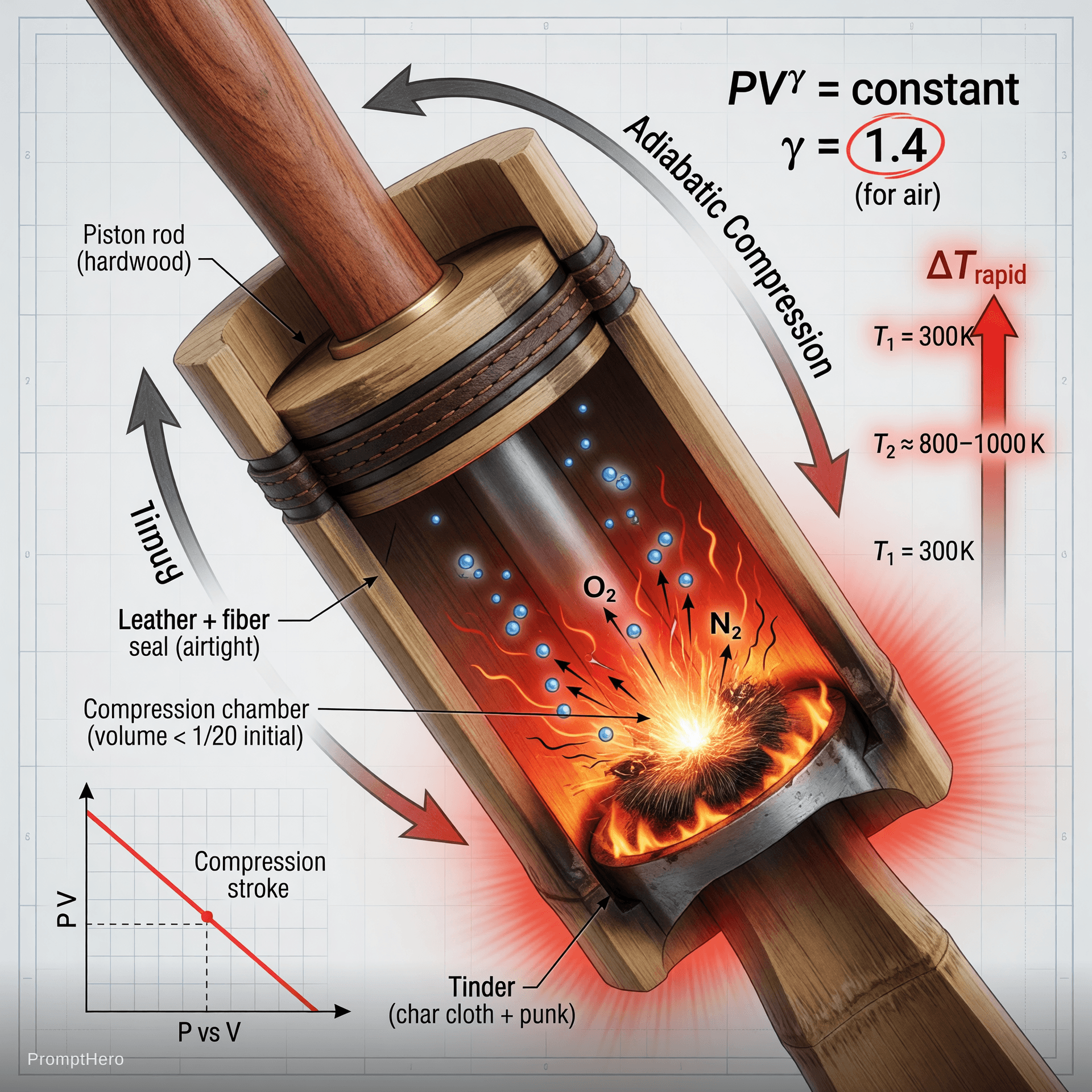 AI generated: Spectacular technical cross-section close-up of a fire piston during compression, scientific enginee...