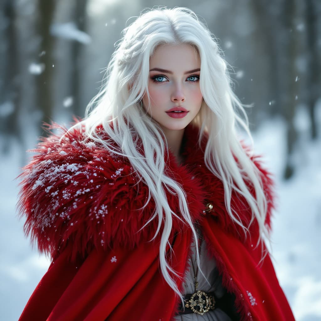 AI generated: a very young beautiful 18 year old European albino princess who enters the snow posing, her platinum...