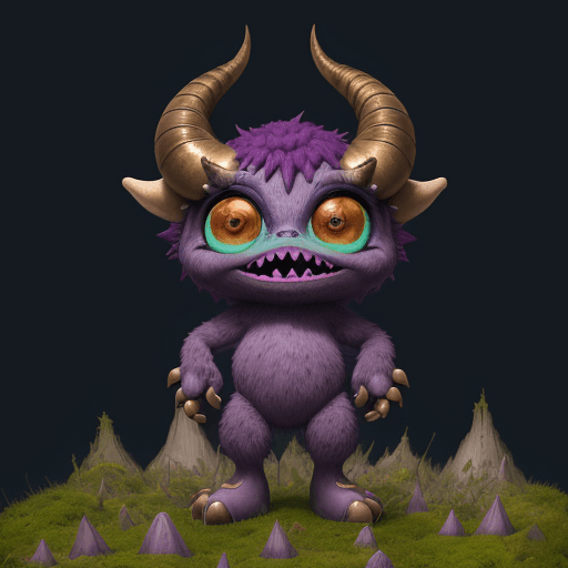 AI generated:  cartoon of a colorful creature, big eyes and big teeth, big horns, light bronze and purple schema, ...