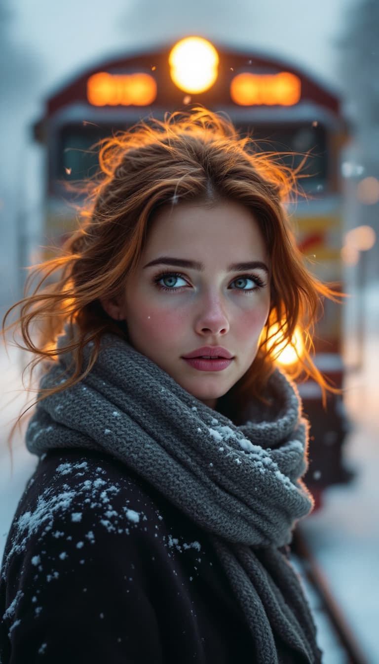 AI generated: Lila stands in front of the approaching train.
Its headlights glow behind her like a halo.
Her scarf...
