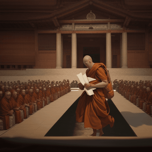 AI generated: A time-lapse showing scrolls being exchanged, a monk carrying Buddhist texts.