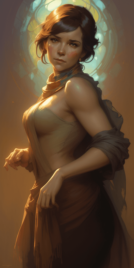 AI generated: a painting of a woman with a scarf on her neck, craig mullins alphonse mucha, artgerm craig mullins,...