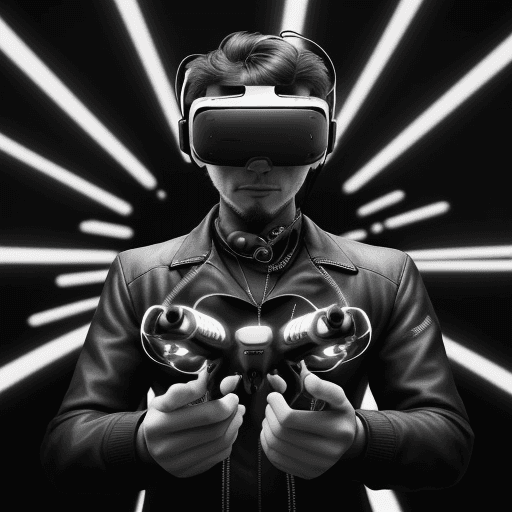 AI generated: I needed a black-and-white illustration depicting a man in VR glasses operating a complicated remote...
