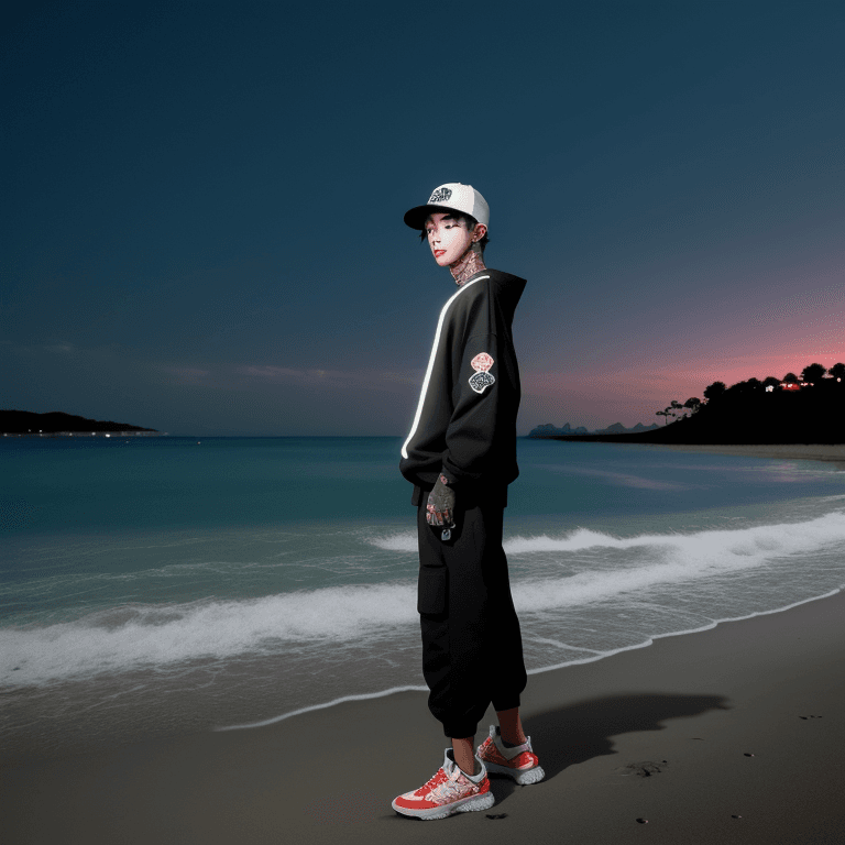 AI generated: anime style environmental wide shot of a beach at night; a man wearing streetwear;