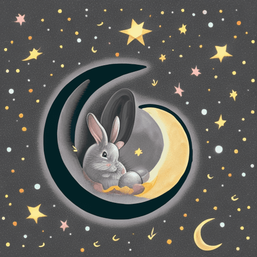 AI generated: cute bunny curled up on a crescent moon, crescent moon with sleeping bunny, cute bunny sleeping on c...