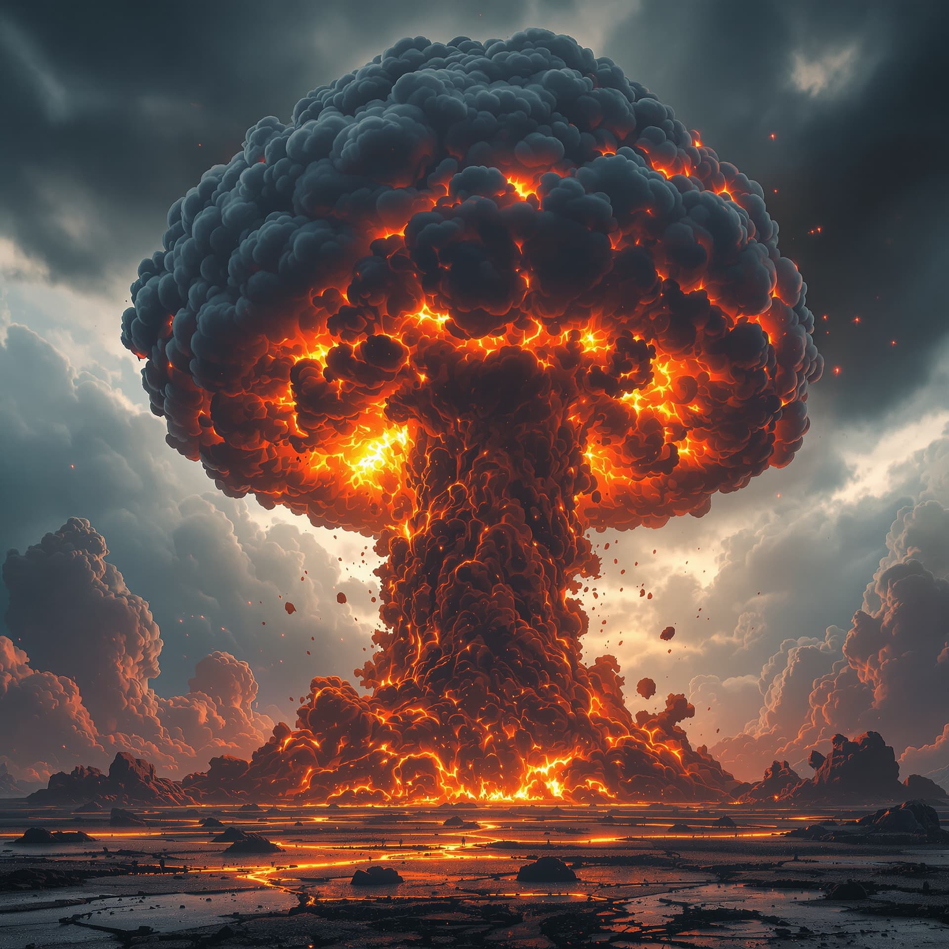 AI generated: giant dark fiery anime cartoon mushroom cloud explosion, dark stormy skies and the ground is crackin...