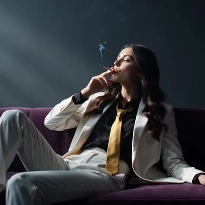 AI generated video: snapshot, dimly lit room with a hazy atmosphere, capturing a female model lounging on a deep purple ...