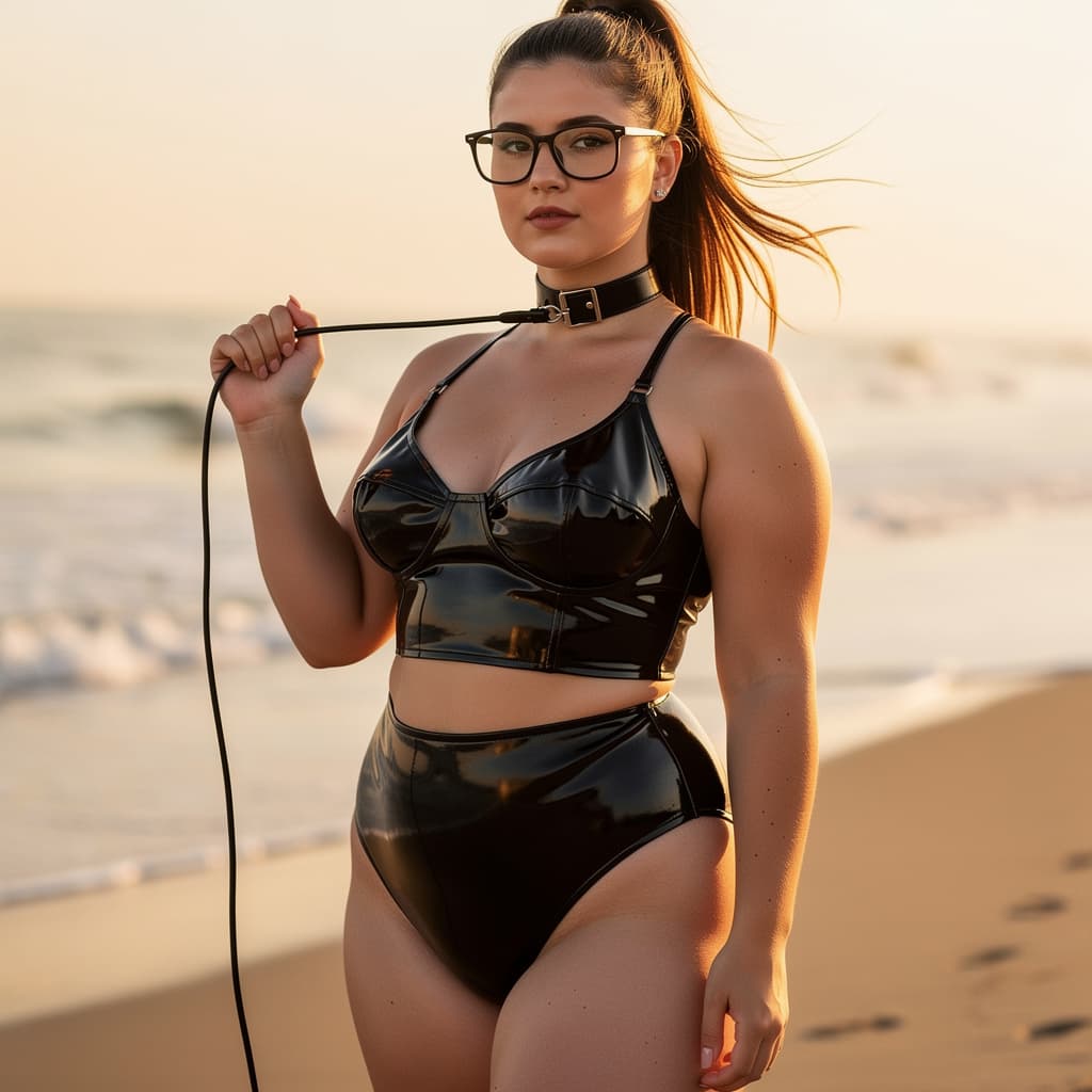 AI generated: A pretty, chubby, twenty year old woman with brown hair in a ponytail. Black framed glasses and a le...