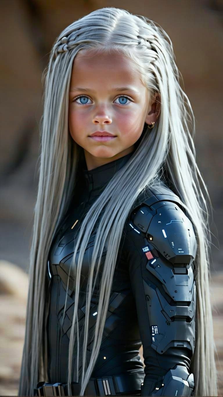 AI generated: exceptionally beautiful tween girl, platinum very long Dark Ash Blonde hair, (masterpiece), (futuris...