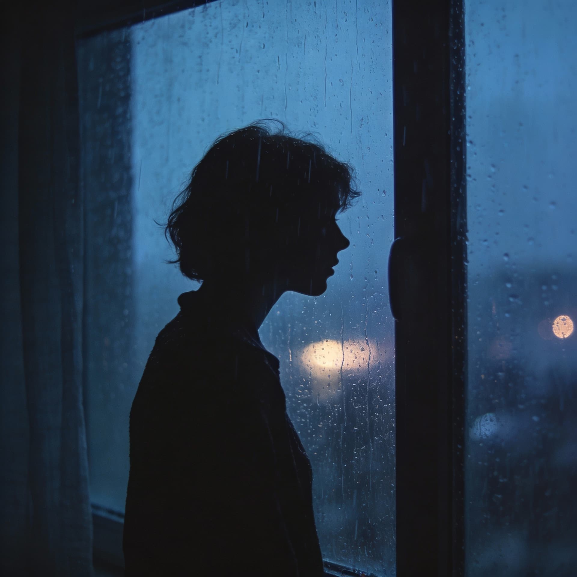 AI generated: A lonely person silhouette standing by a rainy window at night, heavy emotional atmosphere, soft blu...