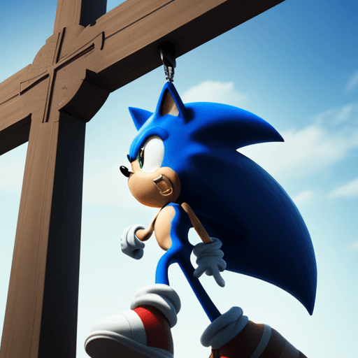 AI generated: sonic the hedgehog hung on a cross, high quality, 8k