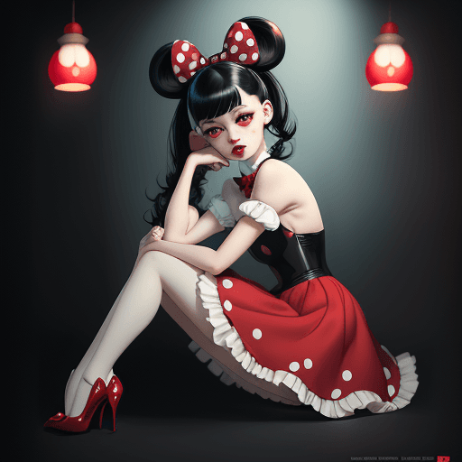 AI generated: Minnie mouse imagined as human girl, a beautiful girl, red frock with white polka dots, black hair, ...