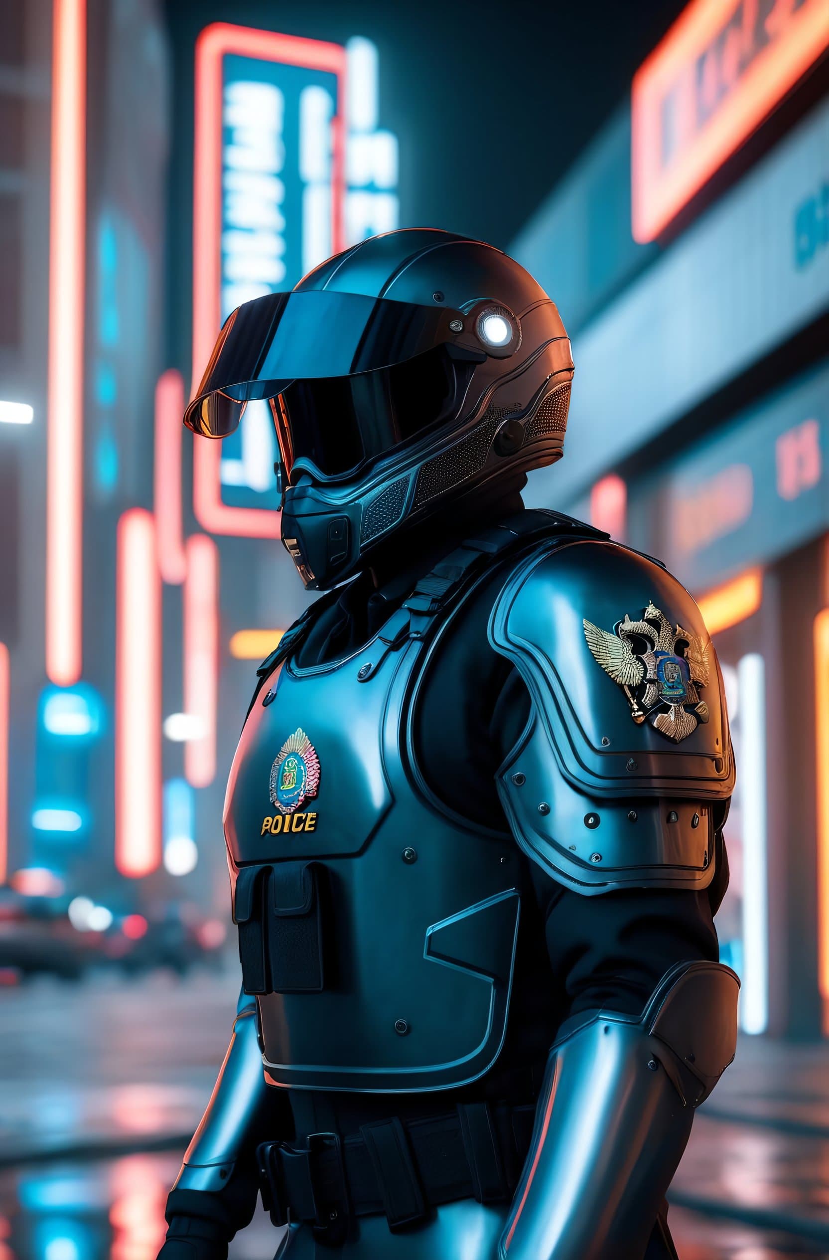 AI generated: (russian Police:1.2) on the street (wearing lite-heavy riot gear:1.2) on a cyberpunk city, advanced ...