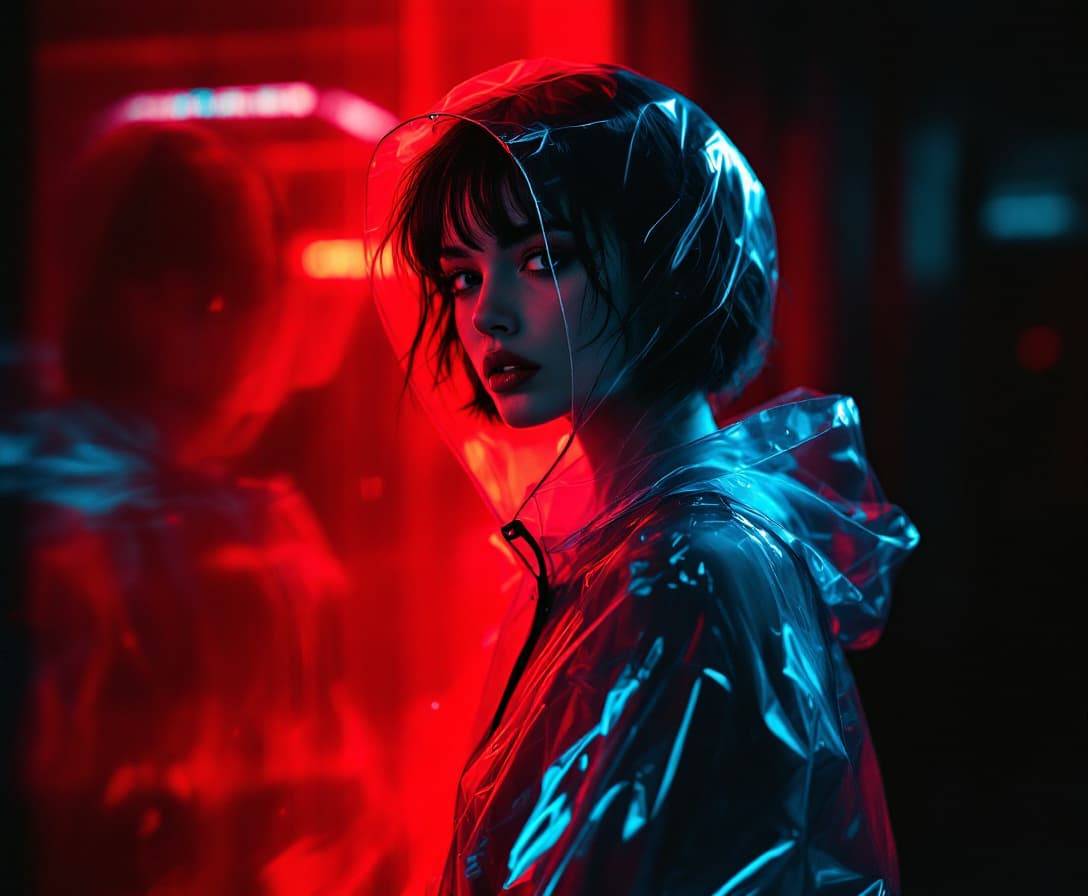 AI generated: dark-haired woman stands in front of red light, in futuristic shiny transparent plastic raincoat, sh...