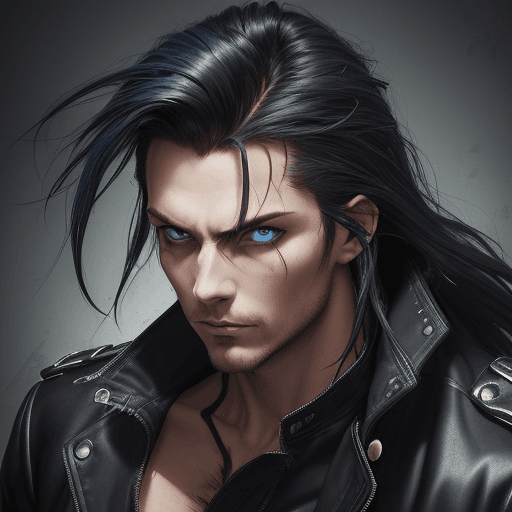 AI generated: man with an agile appearance, his dark hair falls in rebellious locks, and his blue eyes reflect a f...
