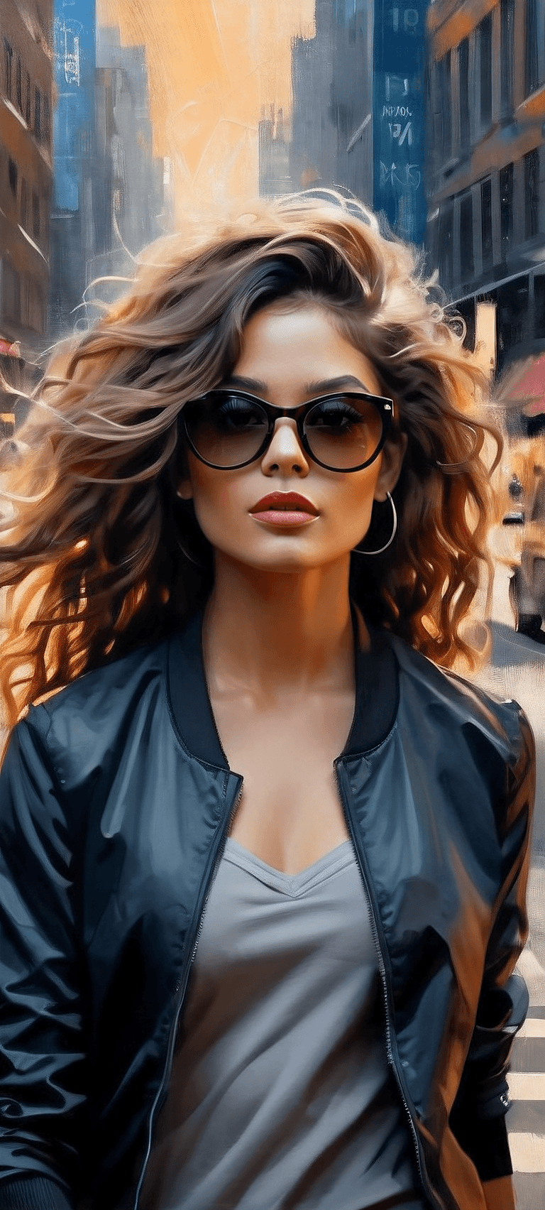 AI generated: a pretty woman in the street modern city, wavy wild hair, opaque sunglasses, digital painting, vinta...