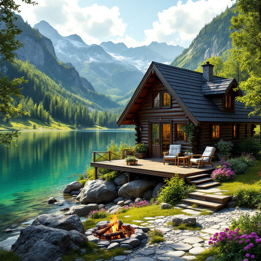 AI generated: A picturesque log cabin sits on a lakeshore, nestled in a lush green valley framed by mountains. The...