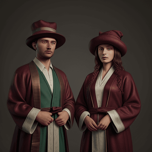 AI generated: a picture of two people, wearing cloth hats and robes, in the style of realistic animal portraits, u...