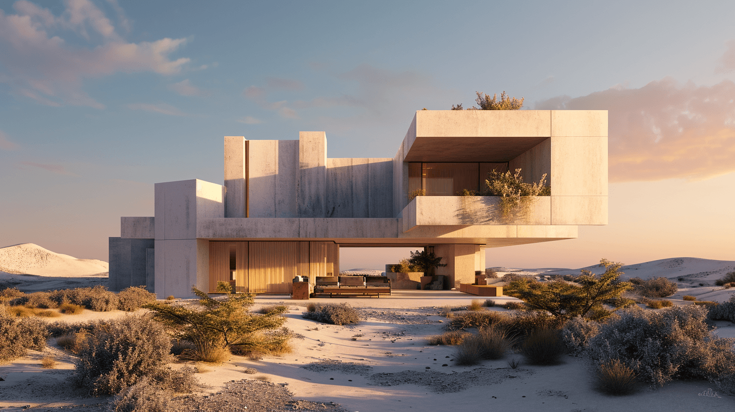 AI generated: Generate a photorealistic image of a minimalist multi-story house in the United Arab Emirates desert...