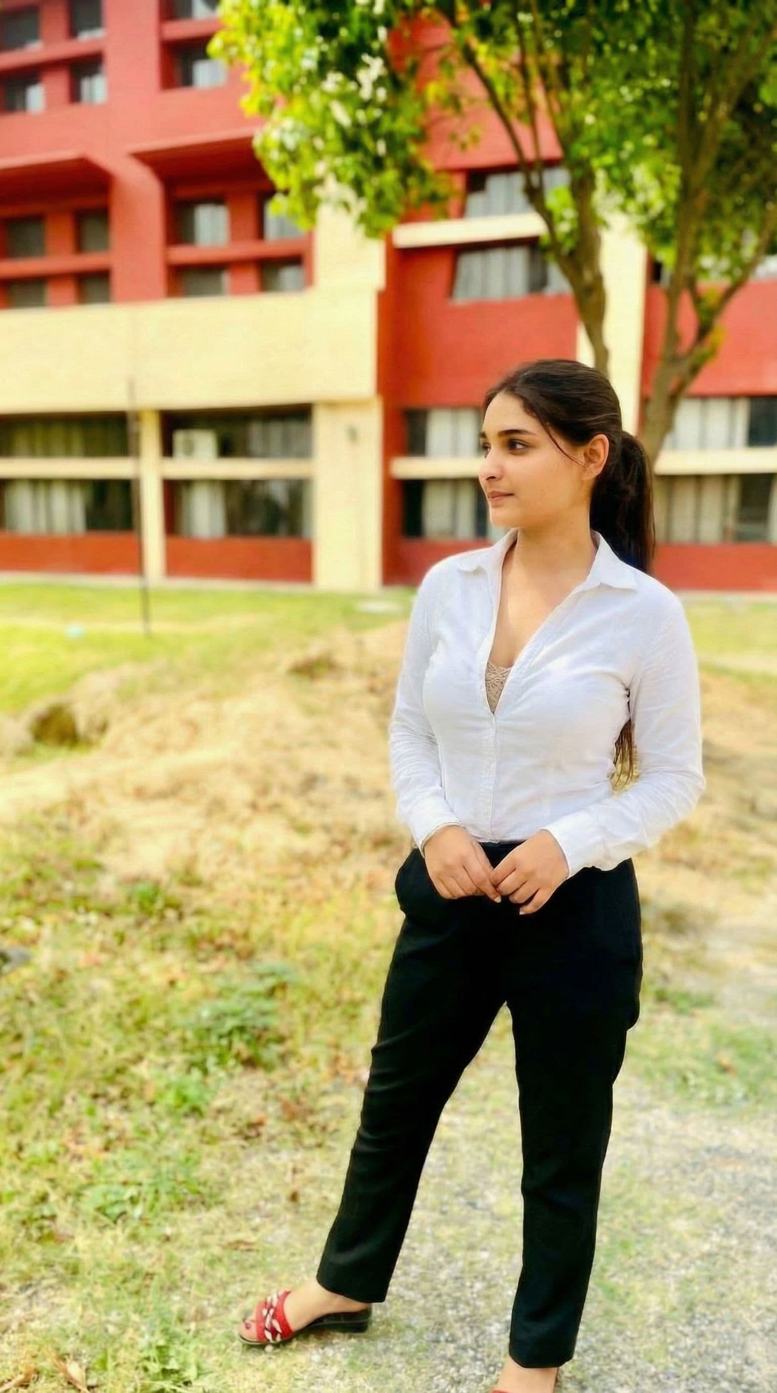 AI generated: make this picture look sexy. open the few buttons of her shirt to show her perfect curves.