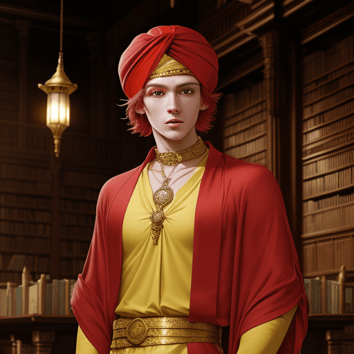 AI generated: portrait of a male cleric of hesinde inside a temple library, very short red hair, lime colored robe...