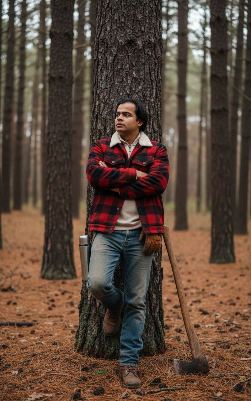 AI generated: (Hearty Woodsman):
Subject: A grounded late-20s man. Clothing: Heavy wool buffalo plaid jacket (red...