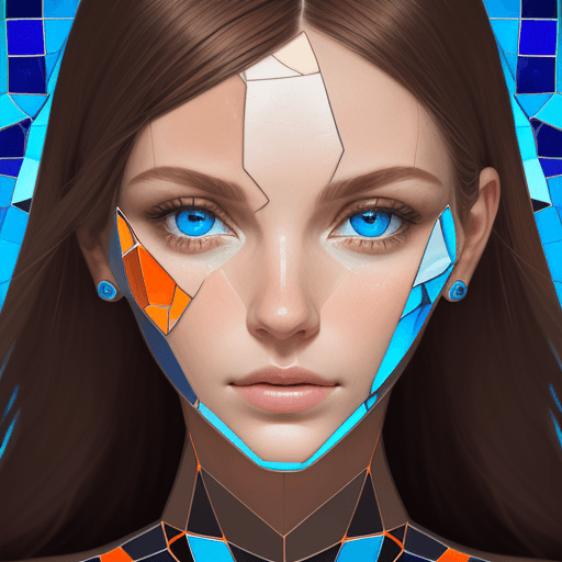 AI generated: A close-up portrait of a woman's face in a mosaic collage style. The woman is facing forward symmetr...