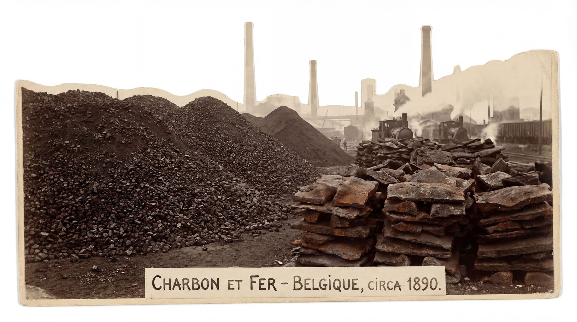 AI generated: late 19th Centenary Belgium Piles of Coal/Iron cutout image in white background.