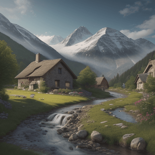 AI generated: A landscape towards a mountain with an antique cottage and a flowing stream, in 4K.
with lot of ours
