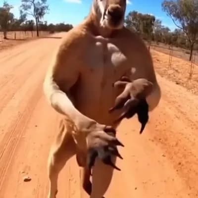 AI generated video: A hyper-realistic police bodycam video of a kangaroo making punching feints toward a police officer ...