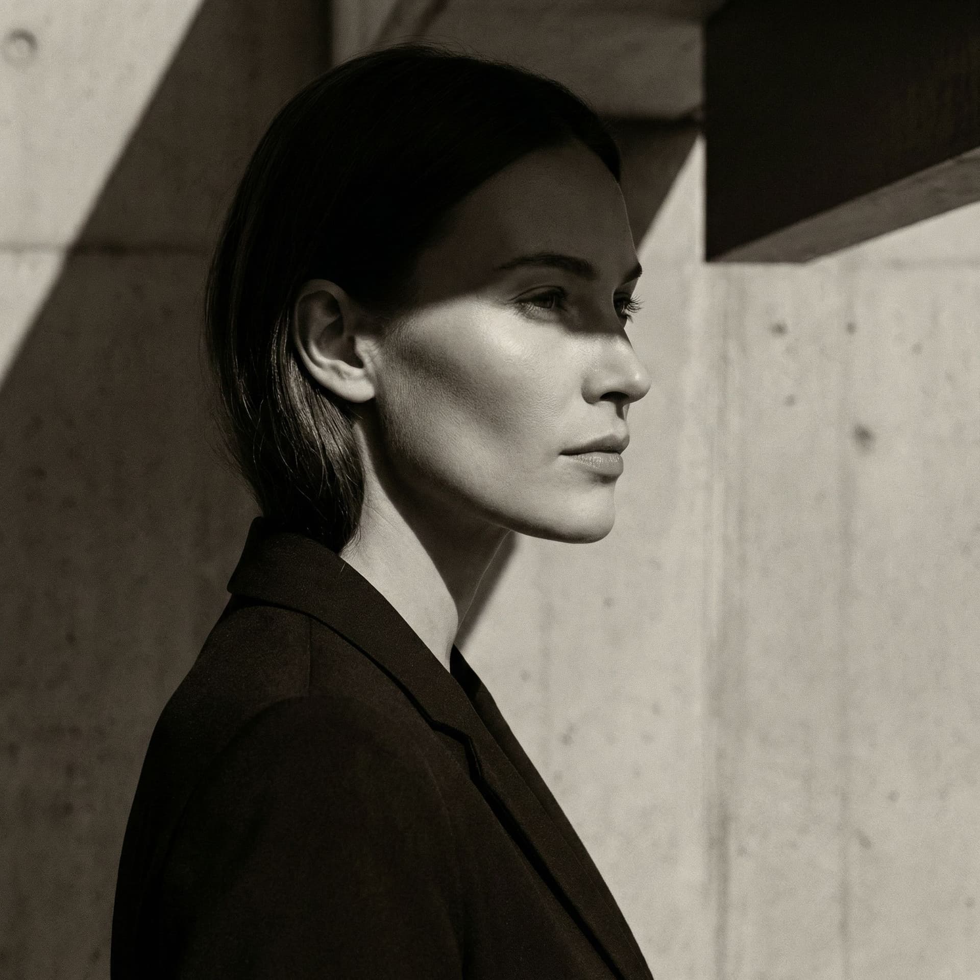 AI generated: a black and white photo of a woman with shadow., in the style of minimalist beauty, light bronze and...