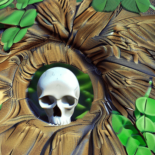 AI generated: real skull, on the floor of a mystical forest, small branches and leaves of a vine wrapping parts of...