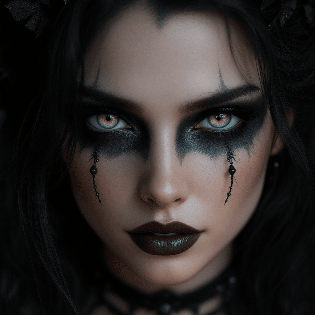 AI generated: a woman with green eyes, black goth makeup, in the style of realism with fantasy elements, daz3d, fi...