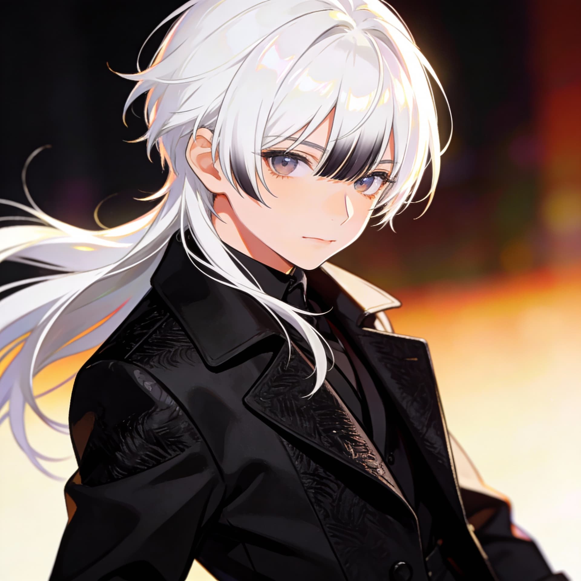 AI generated: Single Beautyful young boy, white hair with long bangs, anime face, ultra detailed, hd, black coat b...