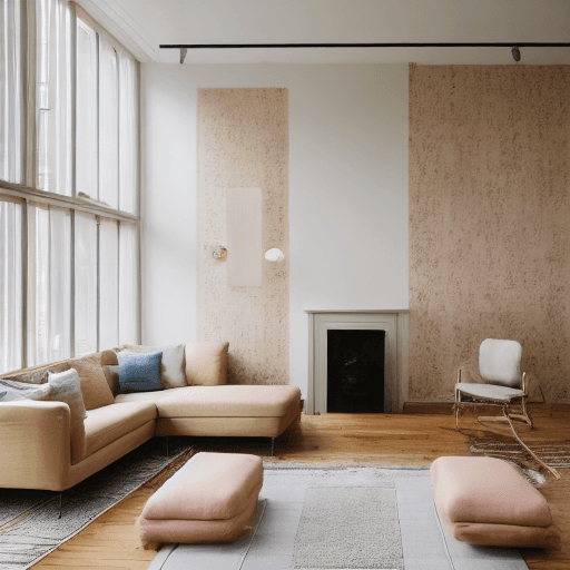 AI generated: High resolution photography interior design, dreamy sunken living room conversation pit, wooden floo...
