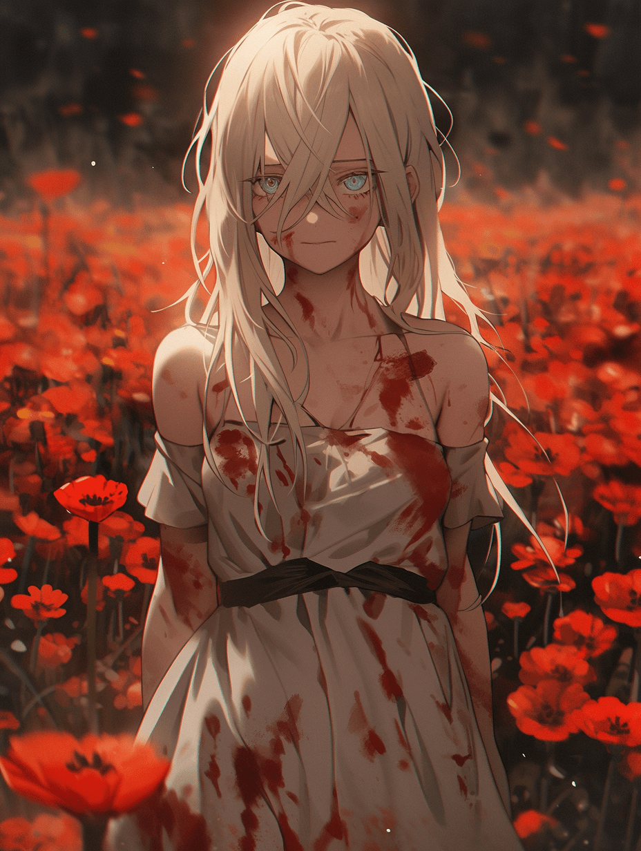 AI generated:  girl with long hair, blonde, without pupils, blood on her face, field of bloody flowers, more blood...