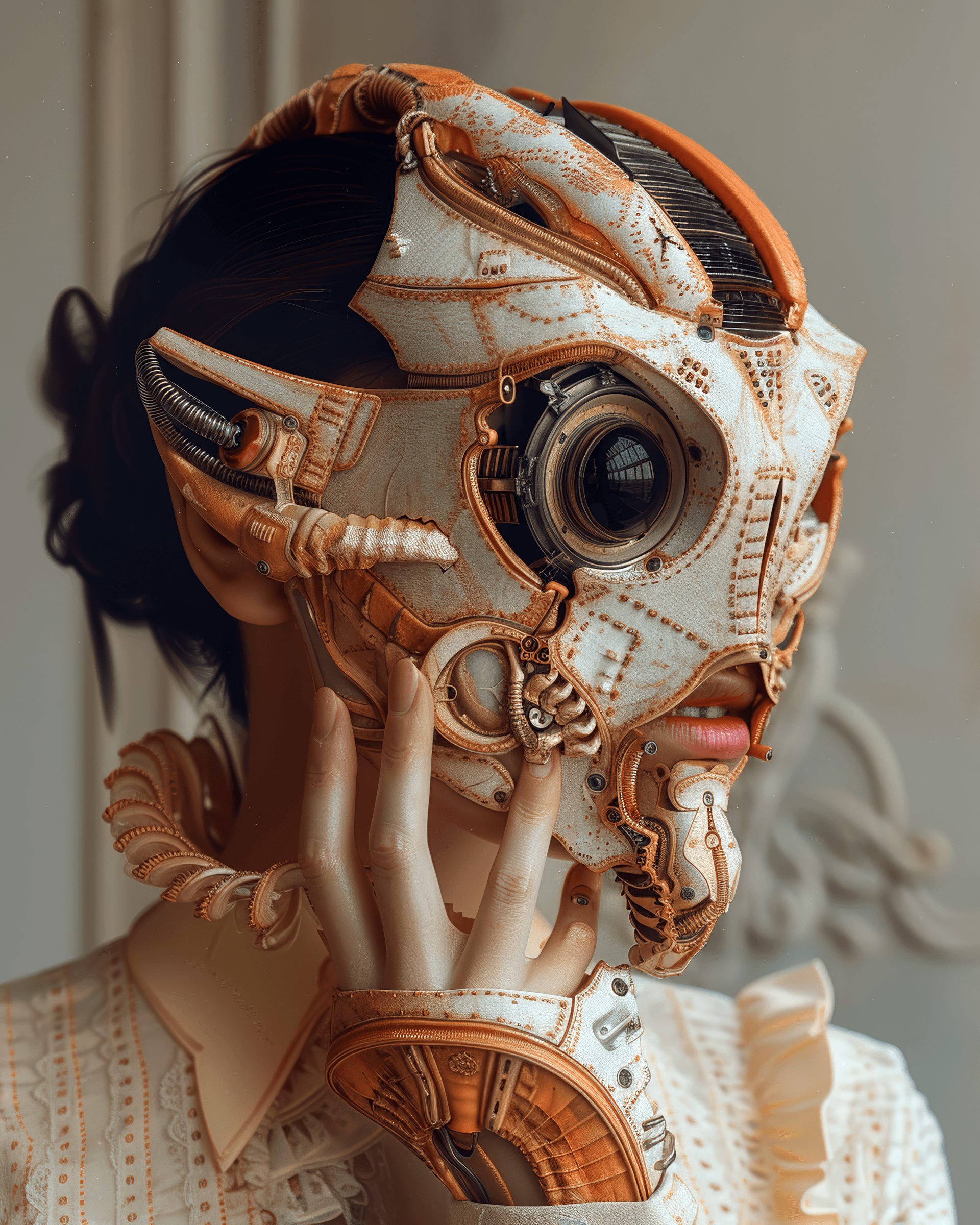 AI generated: a woman posing with a face made from alien parts, in the style of dark orange and beige, charming ch...