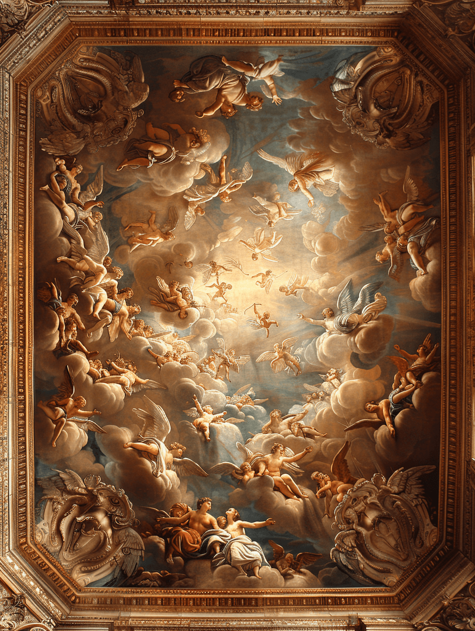 AI generated: Magnificent ceiling fresco at Versailles, showcasing an array of celestial beings and angels soaring...