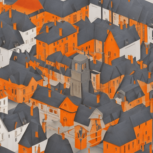 AI generated: a painting of a town with a clock tower and a street, mc escher and ronny khalil, dark grey and oran...