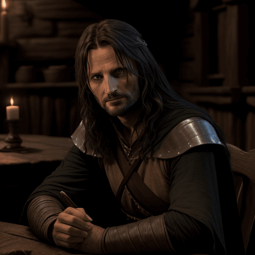 AI generated: Aragorn from Lord of the Rings, sitting in a dark tavern, 8k
