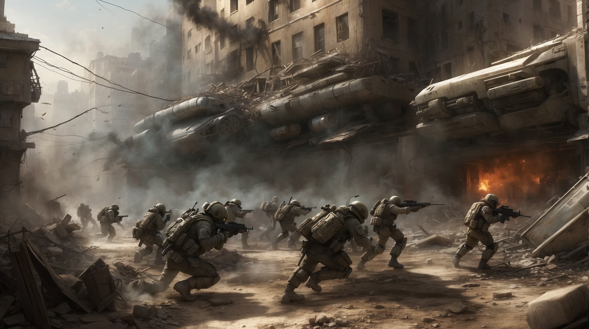 AI generated: "Digital Illustration, A dynamic scene capturing the intensity of 21st-century humanity's military f...
