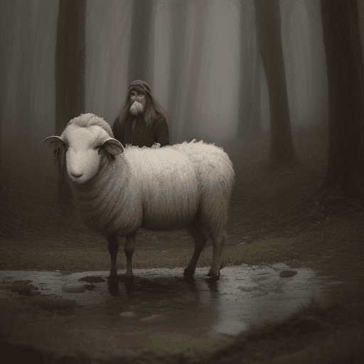 AI generated: mdjrny-v4 a dirty and scared sheep in the middle of a forest on a rainy day, coming towards the came...