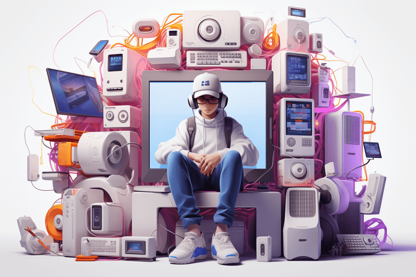 AI generated: an image of an animated character sitting in front of various electronics, in the style of hallyu, p...